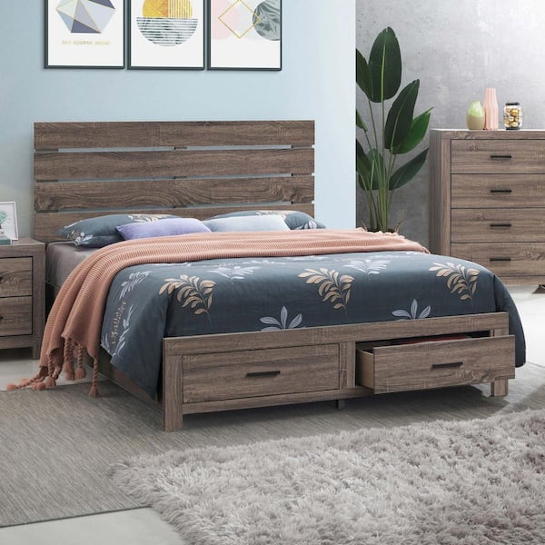 Brantford Brown Barrel Oak Wood Frame Queen Storage Platform Bed