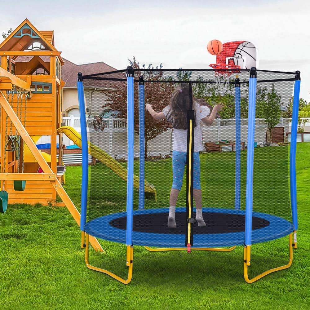 5.5 ft. Blue Round Mini Toddler Trampoline with Safety Enclosure and Basketball Hoop