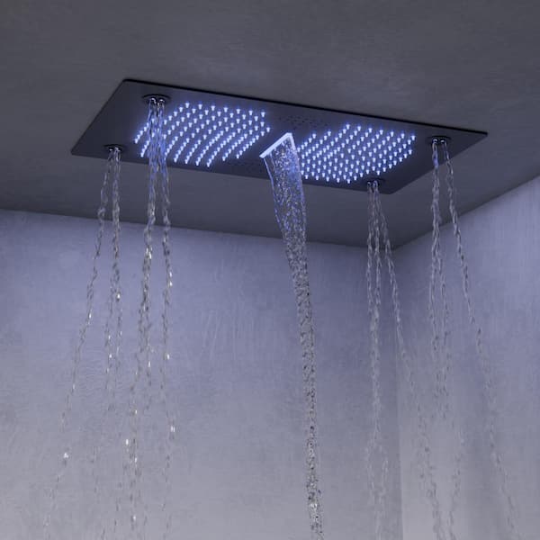 Aurora 28 in. Mood Light Speaker 3-Jet Shower System with 8 in. Shower Head, Handheld, Thermostatic Valve in Matte Black