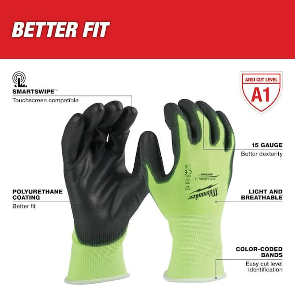 Milwaukee Tool Level 1 Cut Resistant High Visibility Polyurethane Dipped  Gloves - Medium 48-73-8911