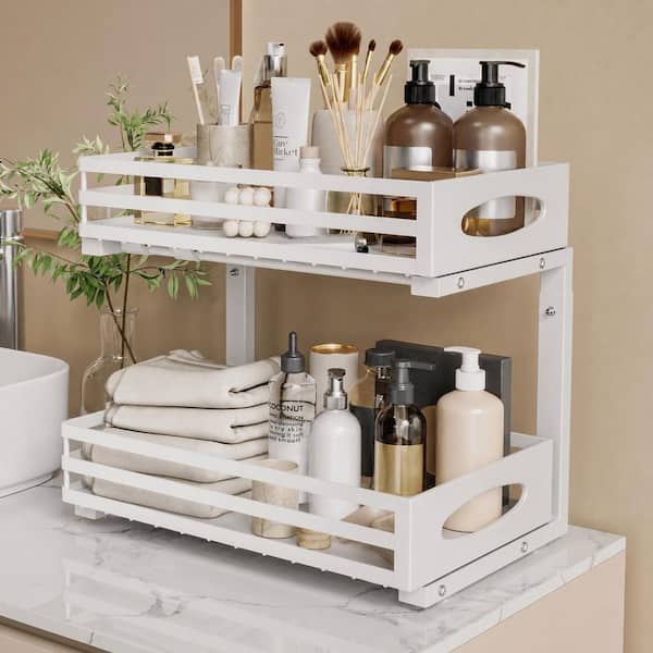 2-Tier Adjustable Height Slide-Out Under Sink Organizer with Metal Storage Drawers for Kitchen and Bathroom, White