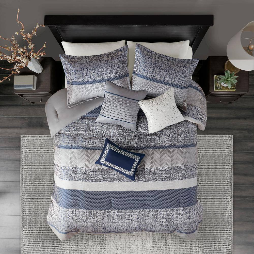 Navy and Gray Jacquard King Comforter Set with Decorative Pillows