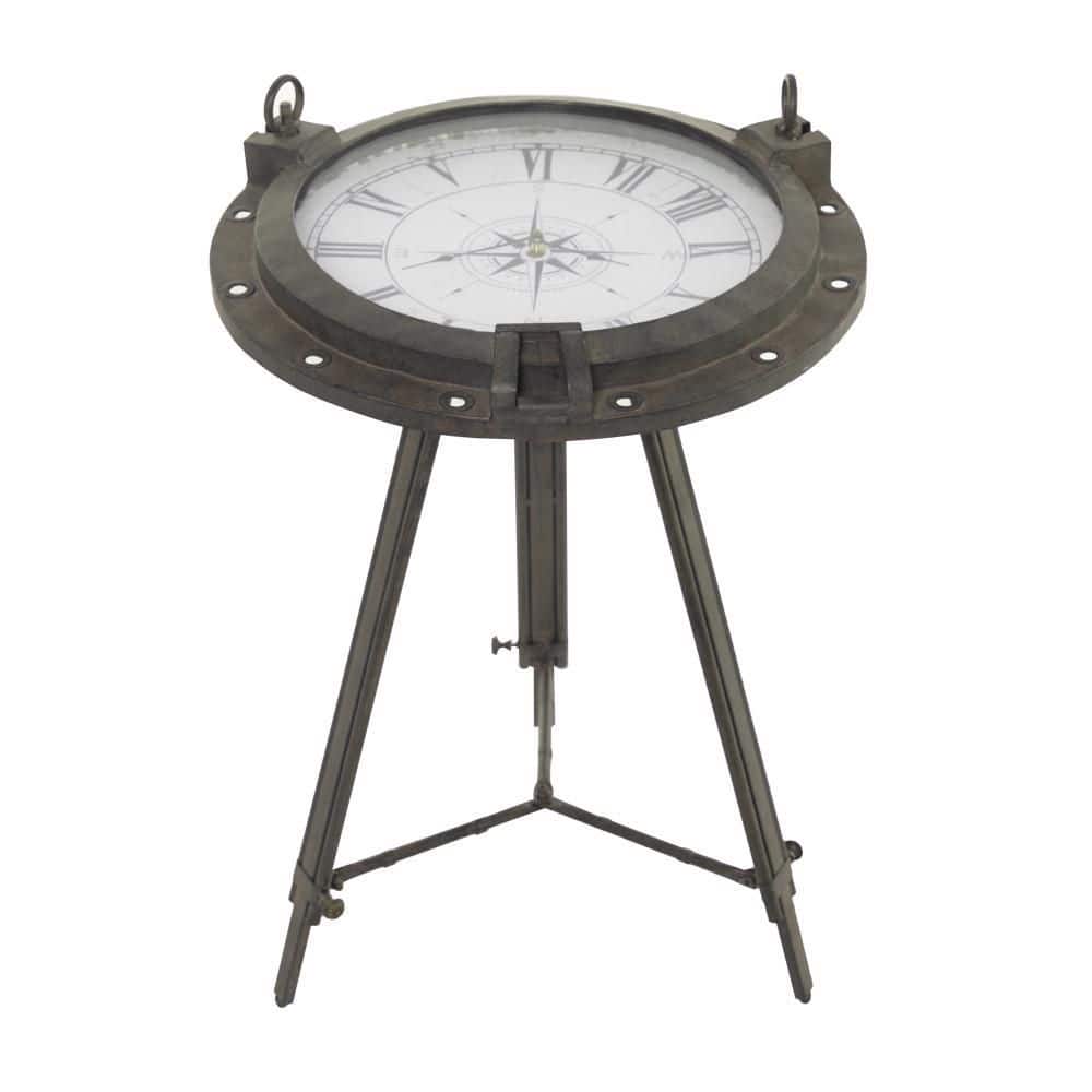 Black Iron Compass Clock Accent Table with Glass Top
