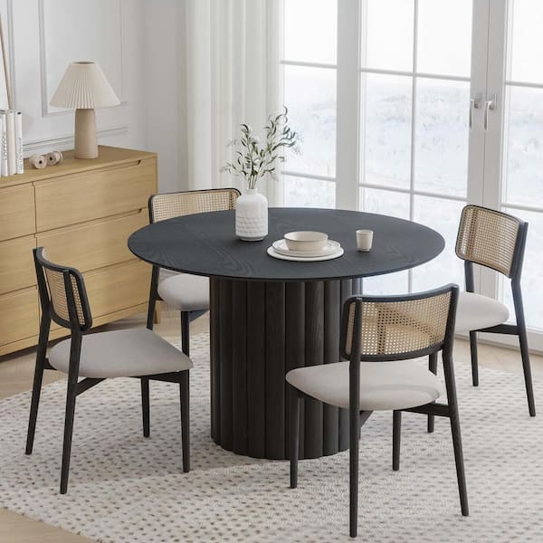 Dovelina 46 in. Oak Wood Black Column Pedestal Round Kitchen Table Dining Table Seats 4