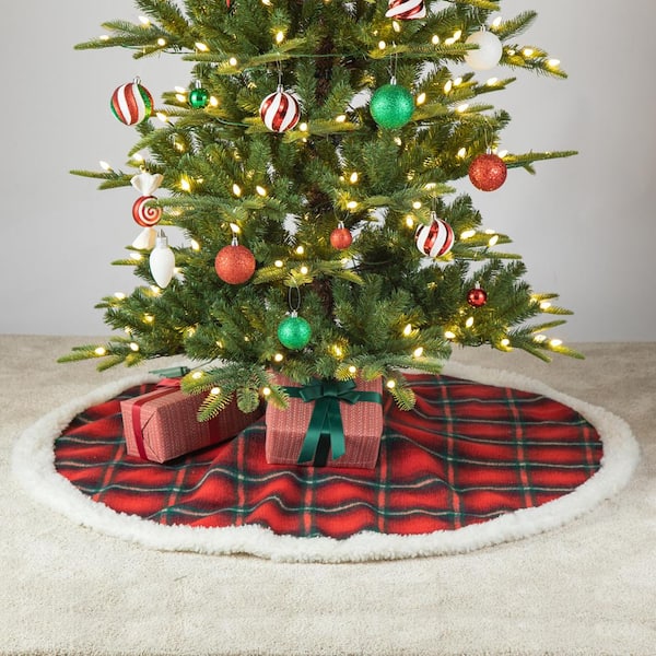 Glitzhome 48 in. D Red and Black Plaid Reversible Sherpa Flannel Christmas Tree Skirt 2020100011 The Home Depot