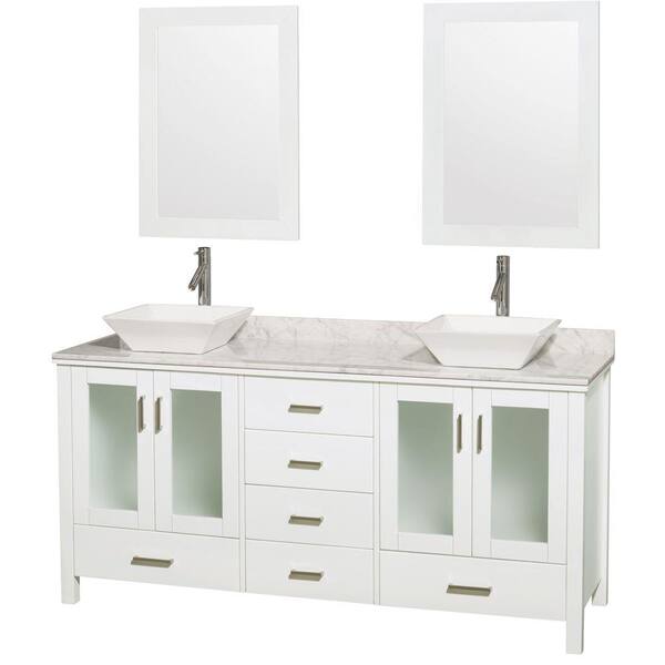 Wyndham Collection Lucy 72 in. Double Vanity in White with Marble Vanity Top in Carrara White, Porcelain Sinks and 24 in. Mirrors