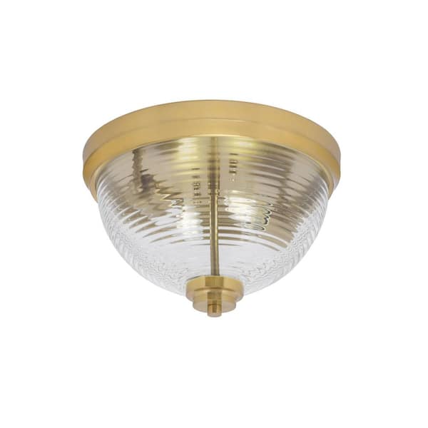 Unbranded Ashland 12 in. 2 Light New Age Brass Flush Mount with Clear Ribbed Glass Shade No Bulbs Included
