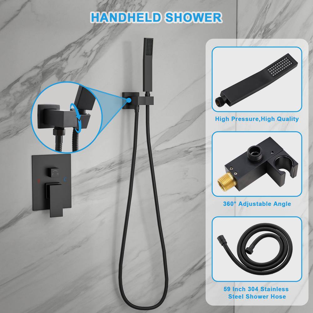 Large Black Matte Dual Square Ceiling Rainfall Shower System