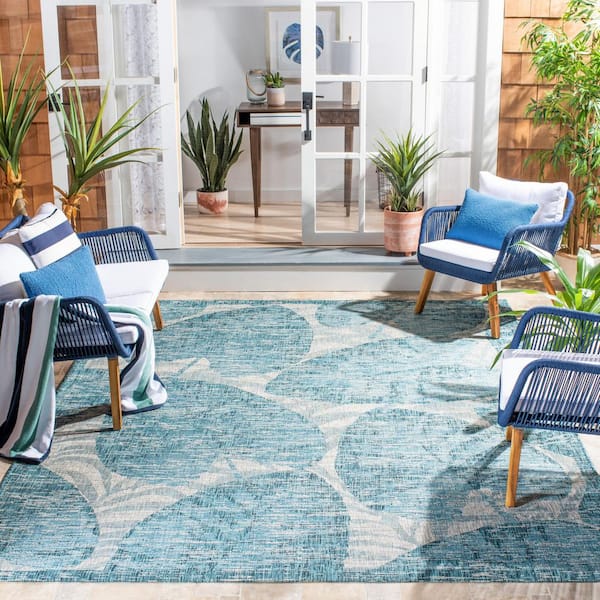Courtyard Gray/Aqua 8 ft. x 10 ft. Oversized Leaf Indoor/Outdoor Area Rug