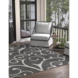 Outdoor Botanical Curl Charcoal Gray 10 ft. 8 in. x 10 ft. 8 in. Area Rug