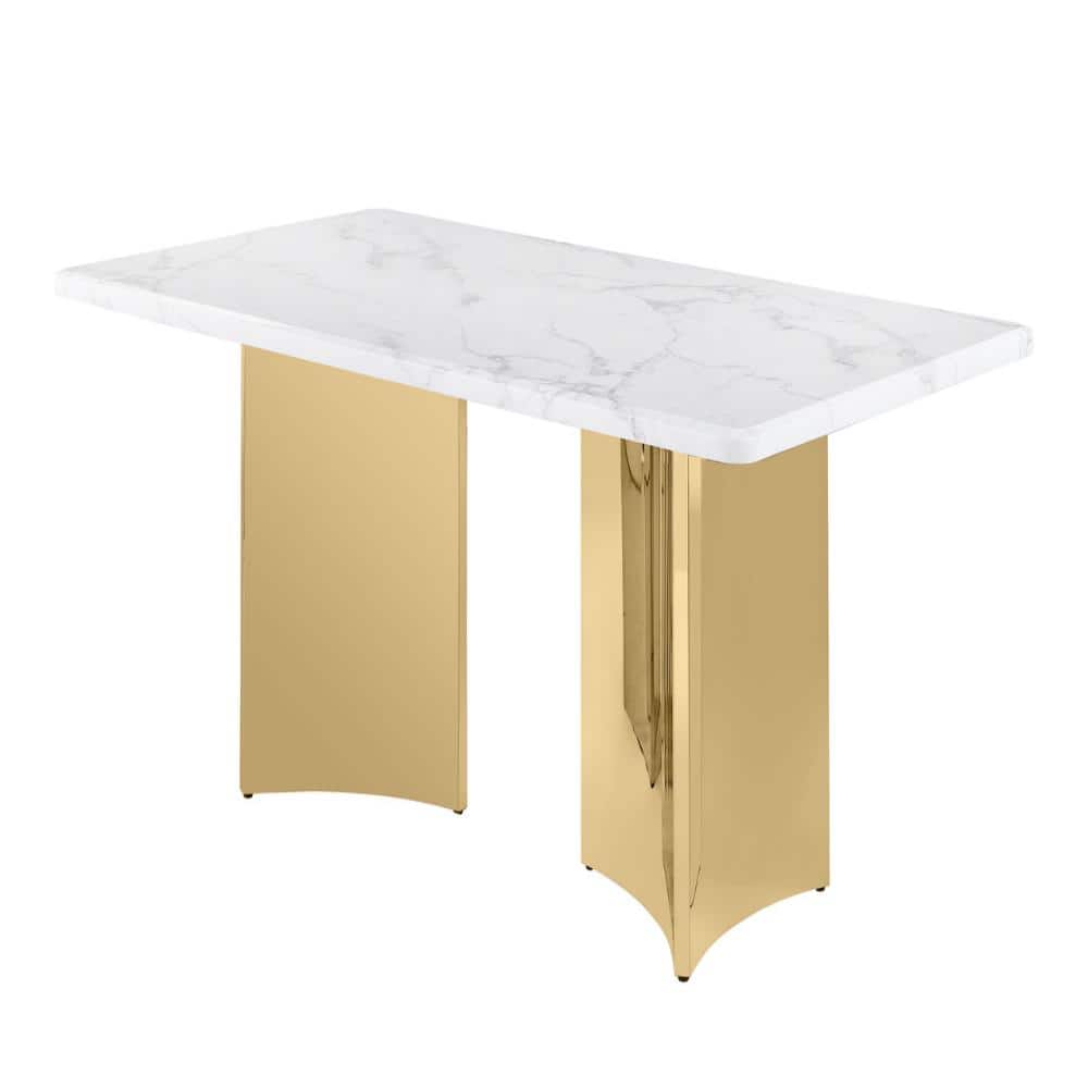 Elise Rectangle White Marble Top 40 in W. Gold Double Pedestal Base Dining Table Seats 6 price history on PriceWatchPro