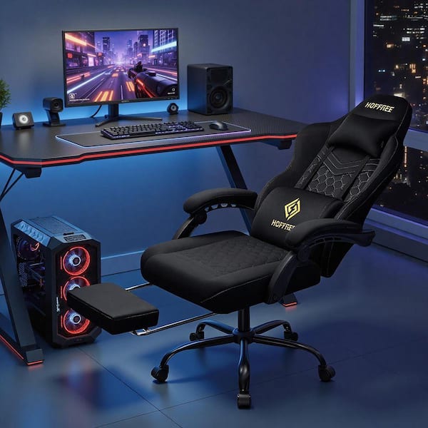 Big and Tall Fabric Massage Gaming Chair with Speakers Ergonomic Computer Chair in Black with Footrest