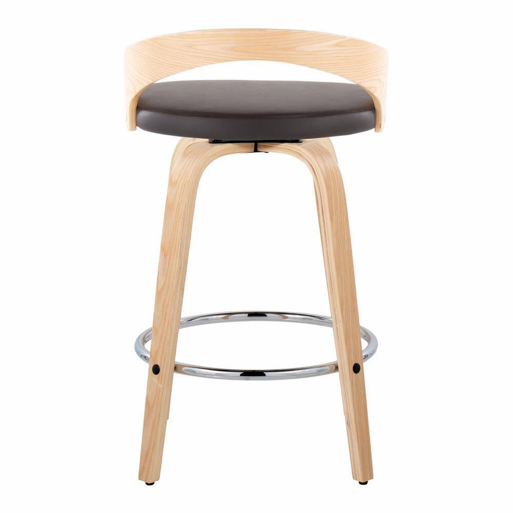 Natural Brown Chrome Swivel Wood and Leather Counter Stool