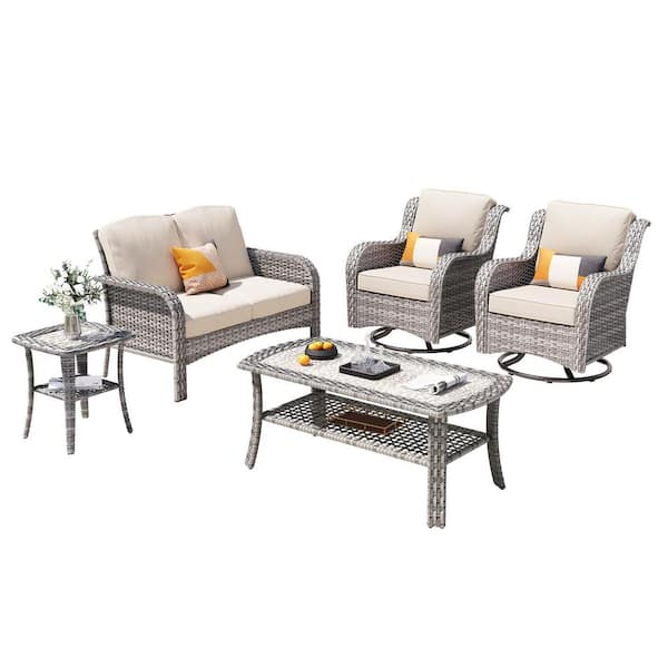 Miziisy Gray 5-Piece Wicker Patio Conversation Set with Beige Cushions and Swivel Chairs