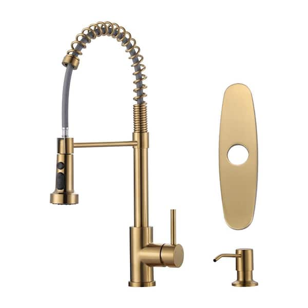 Single Handle Pull Down Sprayer Kitchen Faucet with Soap Dispenser, Pull Out Spray Wand in Brushed Gold