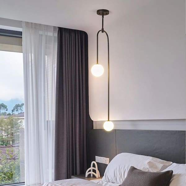 Modern Milk Glass Pendant Light 2-Light Black Pendant Lights Mid Century Chandelier Small Glass Globe for Kitchen 1-Pack