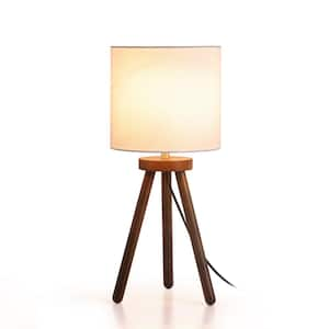 18 in. Walnut Modern Tripod Small Table Lamp with White Linen Shade and Solid Wood Legs for Living Room, Bedside