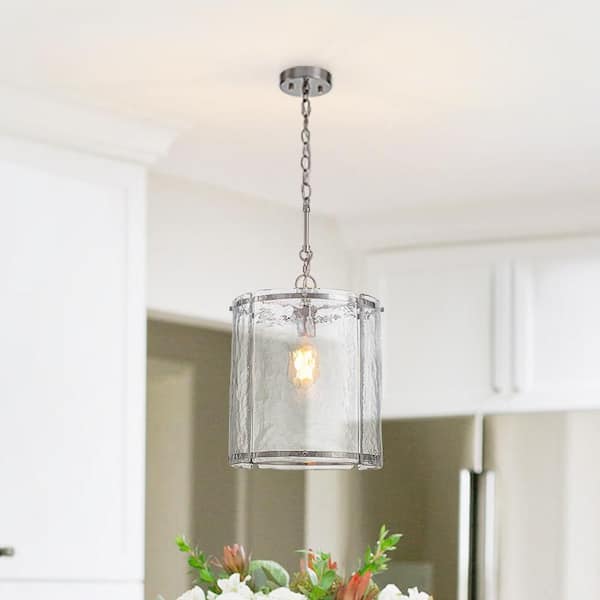 Ripple 12.6 in. 1-Light Modern Nickel Adjustable Chain Pendant Light with Cylinder Handcrafted Water Ripple Shade
