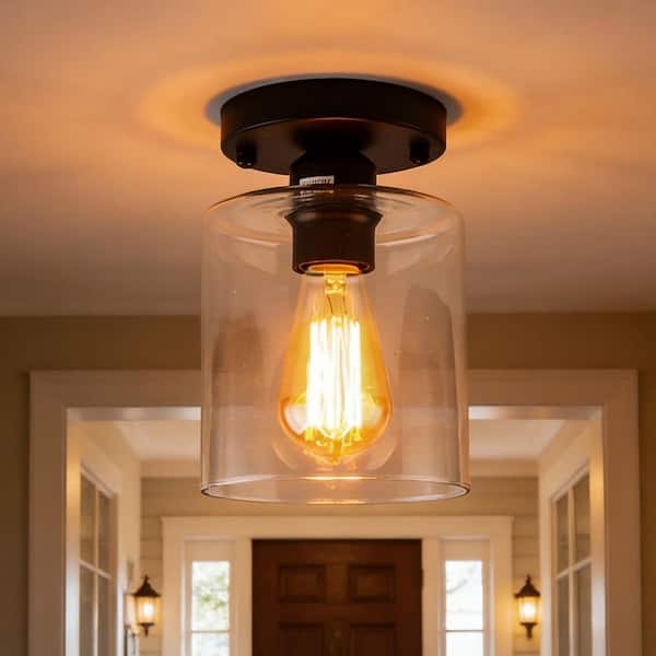 8.3 In. 1-Light Black Semi Flush Mount Ceiling Light with Clear Glass Shade and E26 Socket, No Bulb Included