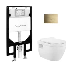 Ivy Wall-Hung Elongated Toilet 3-Piece Bundle 0.8/1.6 GPF Dual Flush in Glossy White with Brass Flush Plate