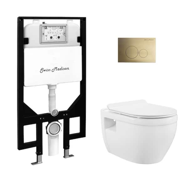 Ivy Wall-Hung Elongated Toilet 3-Piece Bundle 0.8/1.6 GPF Dual Flush in Glossy White with Brass Flush Plate
