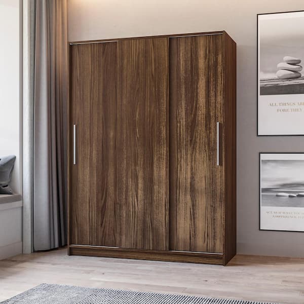 Polifurniture Denmark Walnut Engineered Wood 52.5 in. Wardrobe with 3-Sliding Doors