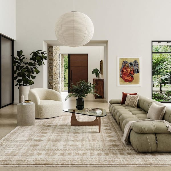 Saturdays Geometric Fringed Light Beige 4 ft. x 6 ft. Indoor/Outdoor Patio Area Rug