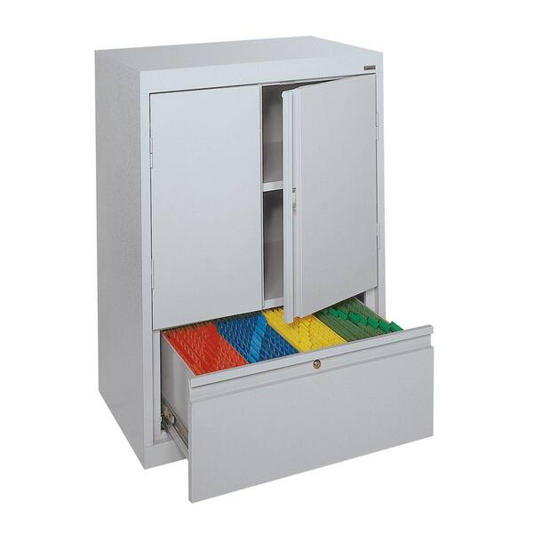 Sandusky System Series 30 in. W x 42 in. H x 18 in. D Counter Height Storage Cabinet with File Drawer in Dove Gray