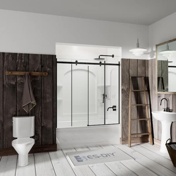 Luxury 56- 60 in. W x 58 in. H Sliding Semi-Frameless Tub Door in Matte Black with 5/16 in. Tempered Clear Glass (8mm)