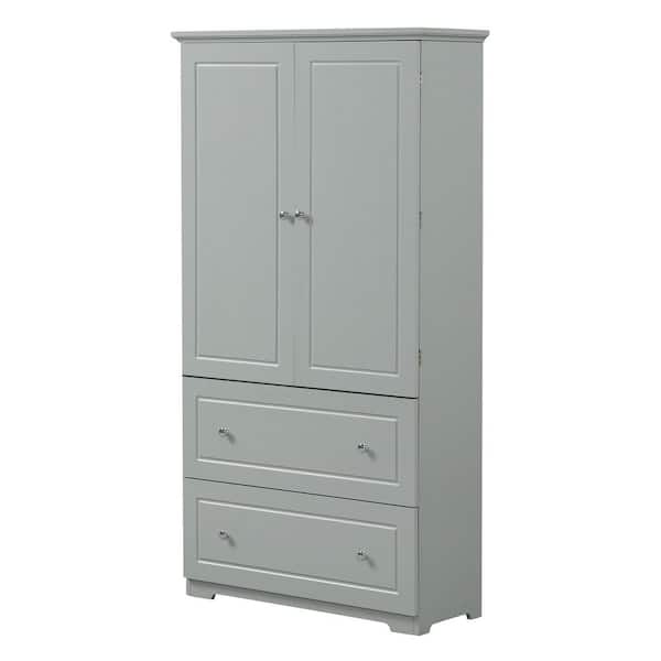 32.6 in. W x 13 in. D x 62.3 in. H Gray MDF Freestanding Linen Cabinet with 2-Drawers and Adjustable Shelf