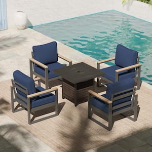 5-Piece Aluminum Fire Pit Patio Set Outdoor Conversation Set with Blue Cushions and 28 in. Wicker Fire Pit Table