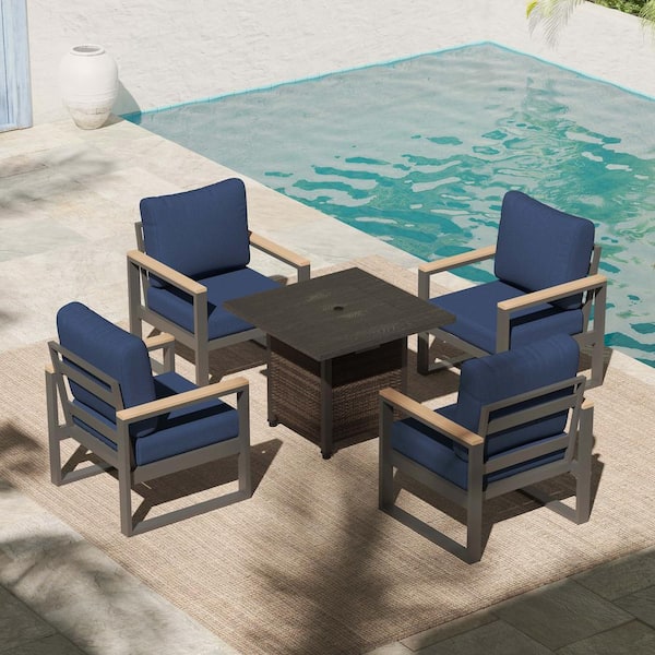 AURA OUTDOOR 5-Piece Aluminum Fire Pit Patio Set Outdoor Conversation Set with Blue Cushions and 28 in. Wicker Fire Pit Table