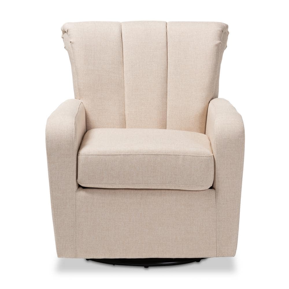 Beige Channel-Tufted Leather Swivel Accent Chair with Manufactured Wood