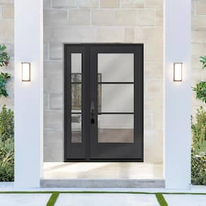 Legacy 53 in. x 80 in. Icon 3 Lite Modern Clear Glass RHIS Black Mahogany Fiberglass Prehung Front Door w/ 14 in. SL