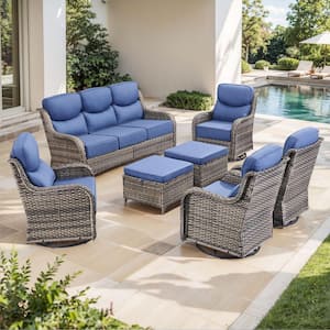 NovaSwivel Gray 7-Piece Wicker Patio Conversation Swivel Glider Set Outdoor Seating Set with 6 in. Blue Cushions