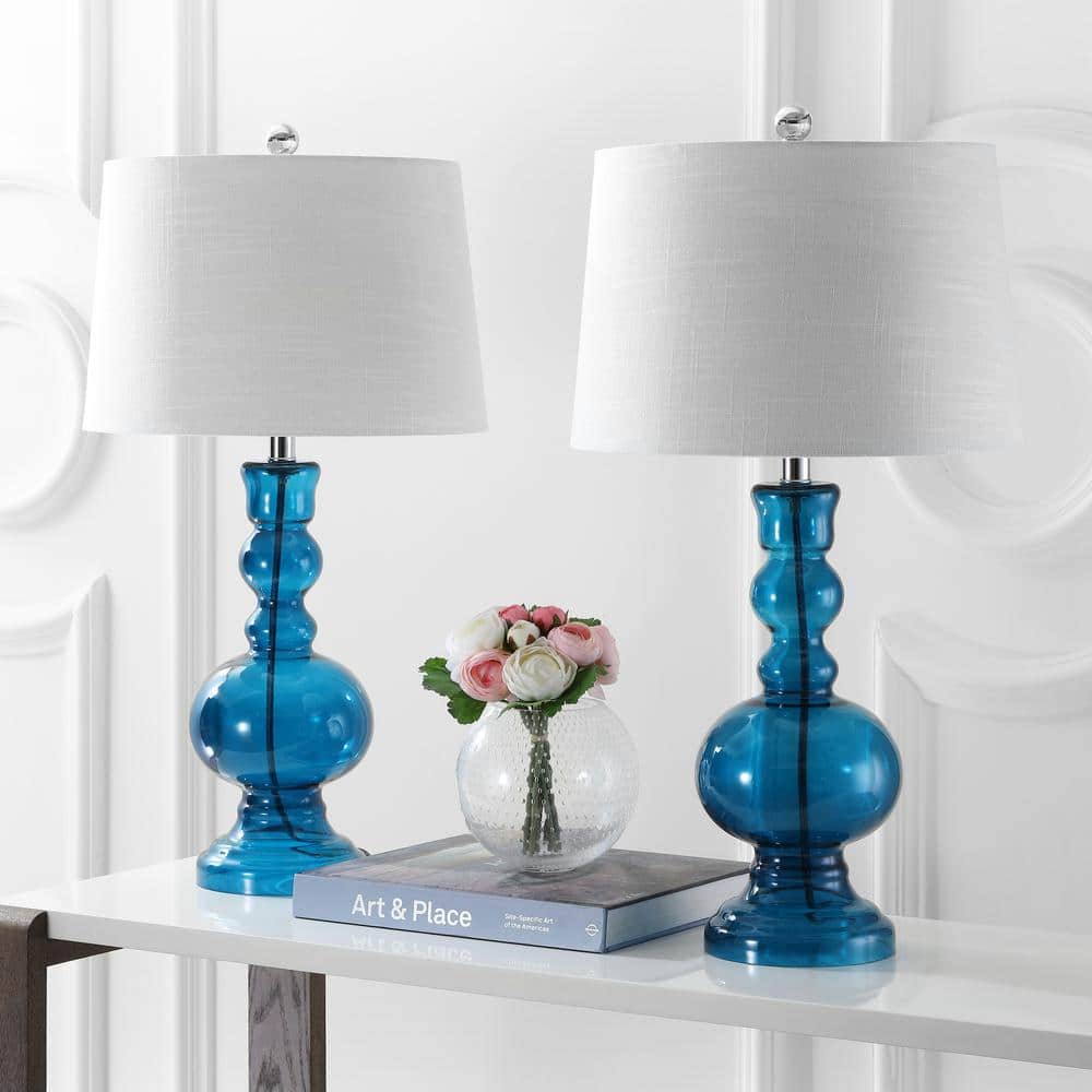 Genie Glass 28.5" Night Blue and White Table Lamp Set with Linen Shade