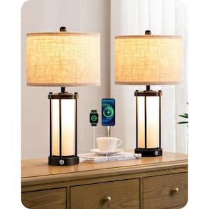 22.4 in. Black Farmhouse Table Lamp Set with Dimmable Touch Control Night Light, USB Ports and Beige Shade (Set of 2)