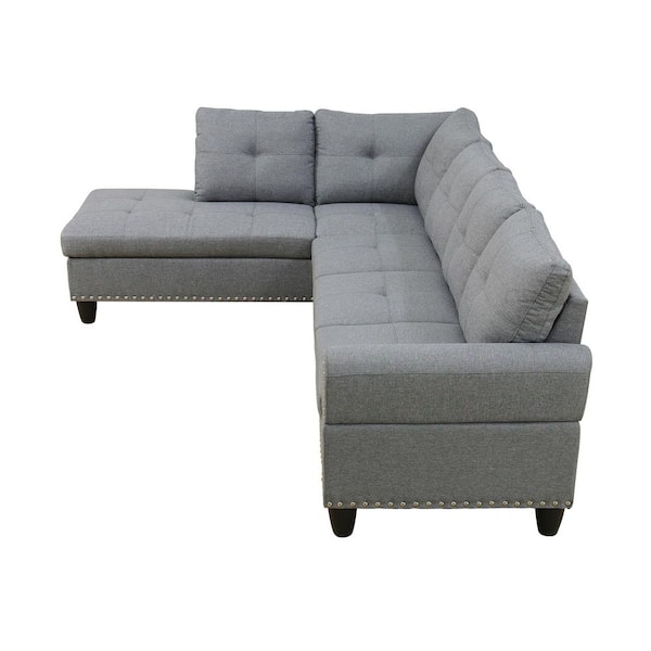 97 in. Square Arm Linen L-Shaped Sofa with 2 Cup Holder Side Tray, 4-Seater Tufted Sectional Couch in Grey-Left
