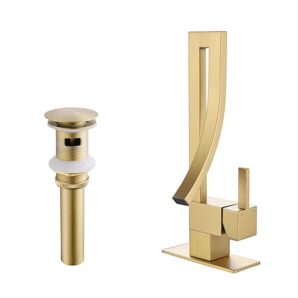 Single Handle Single Hole Bathroom Faucet with Drain Assembly Brass Waterfall Bathroom Sink Faucets in Brushed Gold