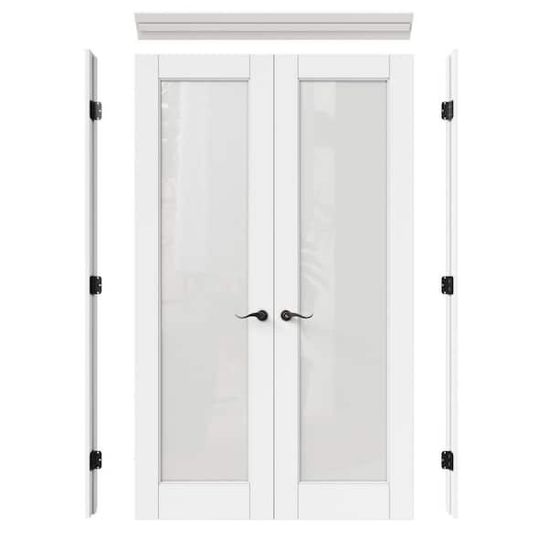 48 in. x 96 in. 1-Lite Frosted Glass Universal Primed Solid Core Glass Double Prehung French Door+ Quick Assemble Jamb