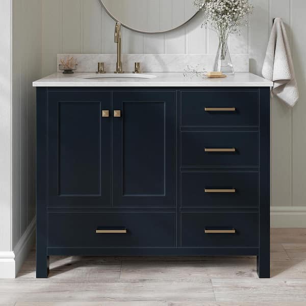 ARIEL Cambridge 43 in. W x 22 in. D x 35.25 in. H Vanity in Midnight Blue with Carrara White Marble Vanity Top with Basin