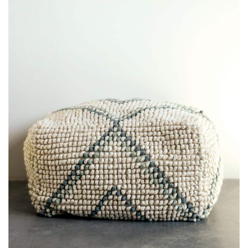 Oversized Cream & Teal New Zealand Wool Square Pouf