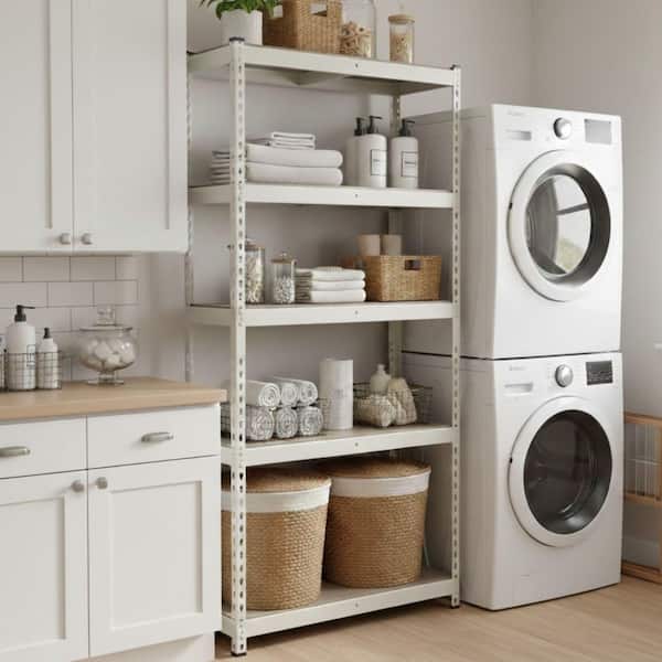 5-Tier Powder-Coated Steel Household Shelving Unit in White with Light Oak HDF Shelves (36 in W x 72 in H x 12 in D)