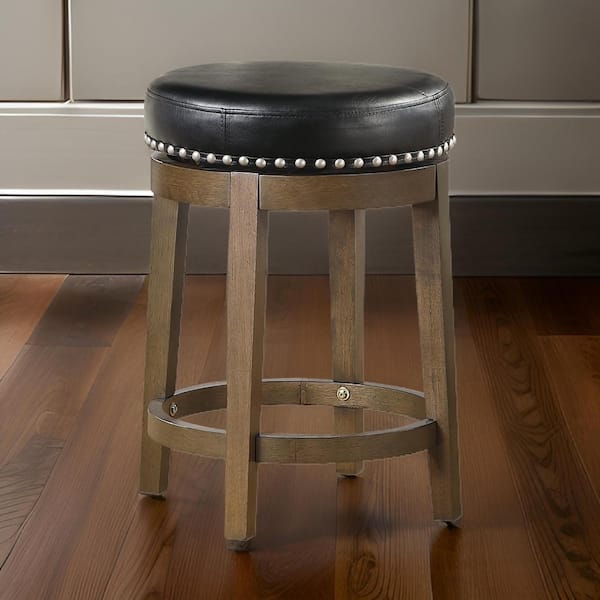 Benjara 25 in. Black and Brown Backless Wood Frame Bar Stool with Faux Leather Seat (Set of 2)