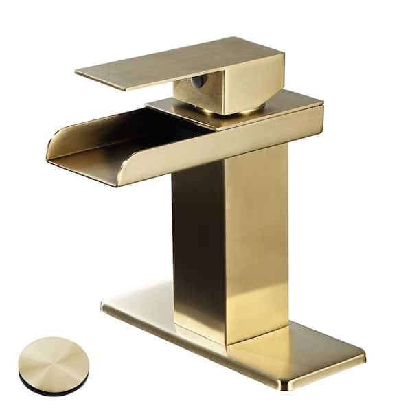 AKLFGN Waterfall Single Hole Single-Handle Low-Arc Bathroom Faucet in Brushed Gold