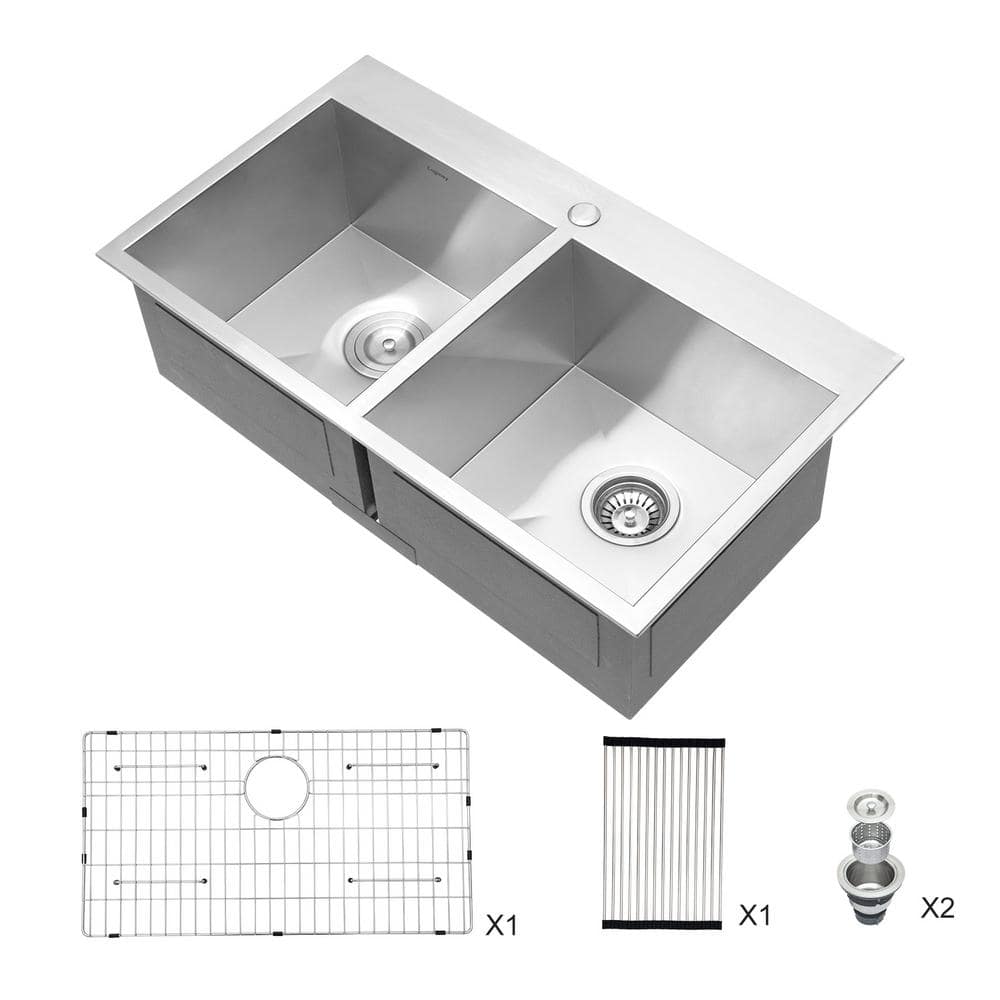 All In One Decor Stainless Steel 33 In 50 50 Double Bowl Drop In   Stainless Steel Finish Drop In Kitchen Sinks Skslh46052ss 64 1000 