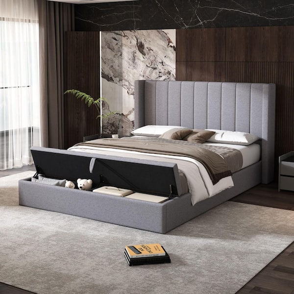 Gray Wood Frame Queen Platform Bed with Headboard, Upholstered and Storage for Bed Room