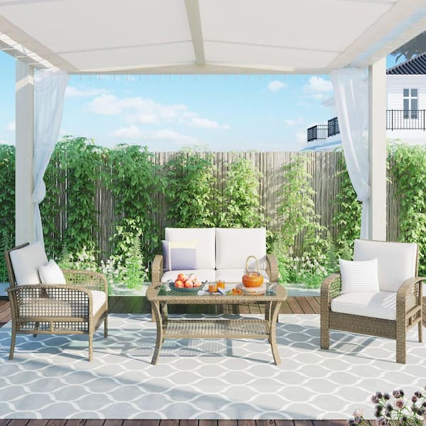 Wateday Outdoor 4-Piece Wicker Patio Conversation Set with Beige Cushions