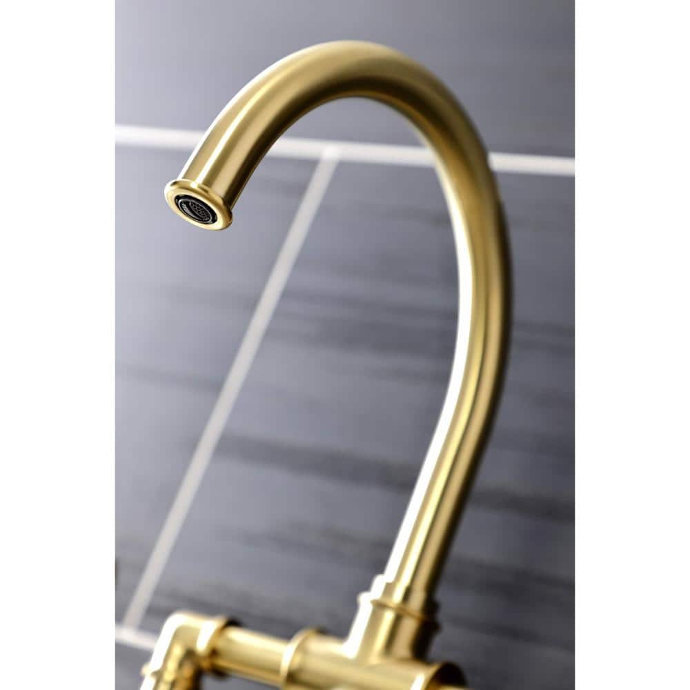 Brushed Brass Industrial Bridge Kitchen Faucet with Side Sprayer