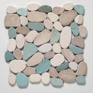 Sliced Pebble Tile Green/Tan/White/Natural 11-1/4 in. x 11-1/4 in. x 9.5mm Honed Pebble Mosaic Tile (9.61 sq. ft./case)